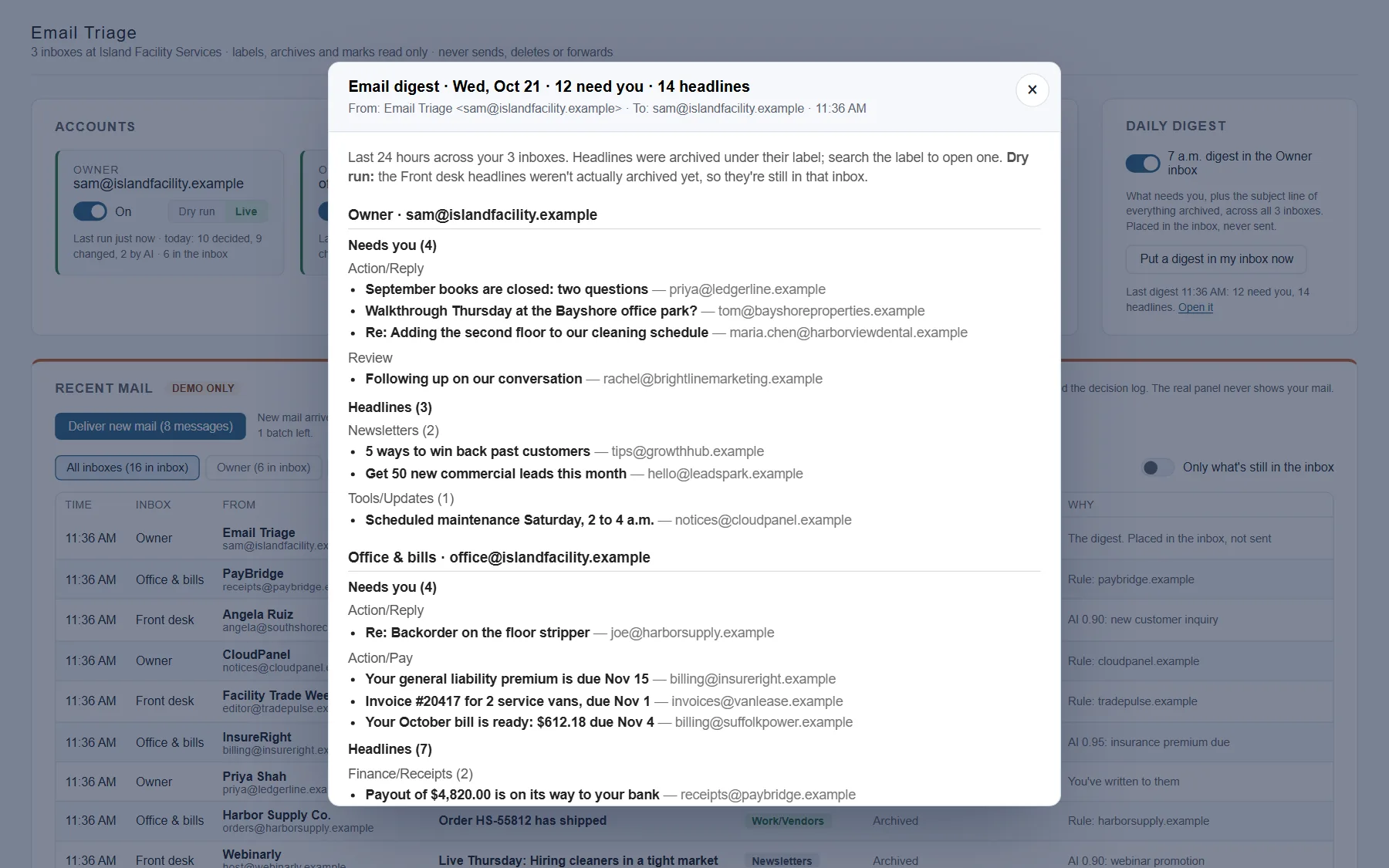 The morning digest: for each inbox, Needs you (replies, bills and Review items) and Headlines, the subject line of each archived message grouped by label.