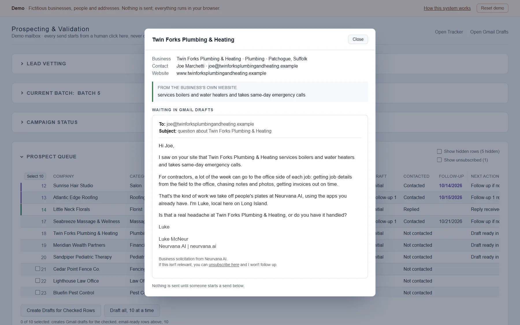 A draft first email to a plumbing and heating company, opening with what its website says about boiler service and same-day emergency calls.