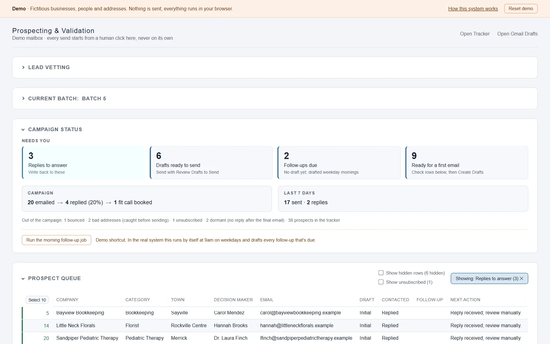 Campaign Status with the Replies to answer tile selected, and the prospect queue narrowed to the three businesses that replied.